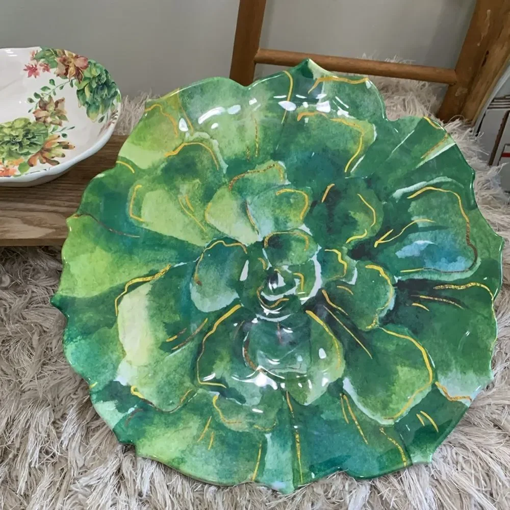 Pier 1 Imports Green Succulent Cactus Melamine Serving Bowl, Tray & Small Bowl
